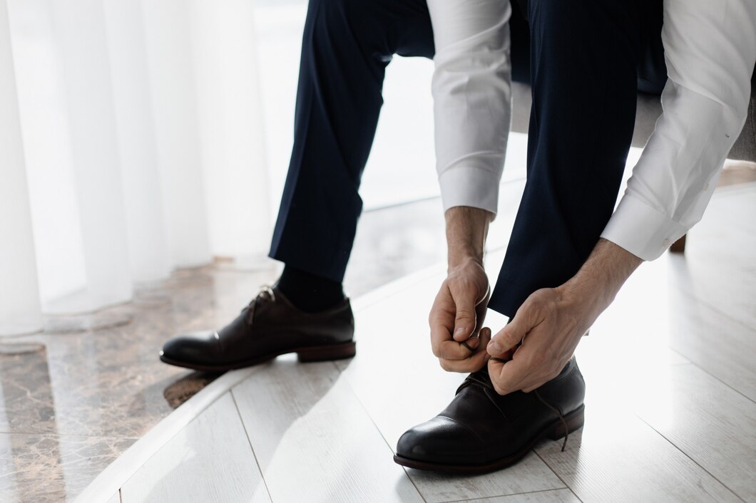 Man in formal attire tying his black dress shoes on a wooden floor.