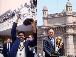 Cricketers holding World Cup trophies in celebratory moments from different years.