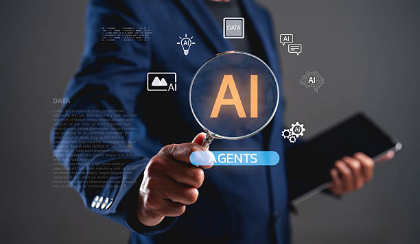 Business professional using a digital interface with a magnifying glass, highlighting AI agents and data icons.