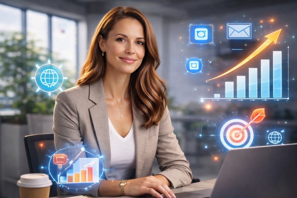 Professional woman using laptop with virtual icons showing analytics, email marketing, and rising business growth
